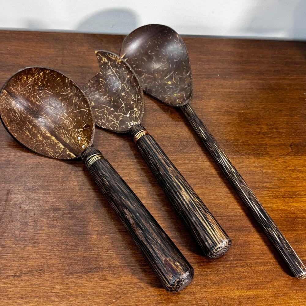 Palm Wood Utensils Coconut Shell Set of 3 - One Broken